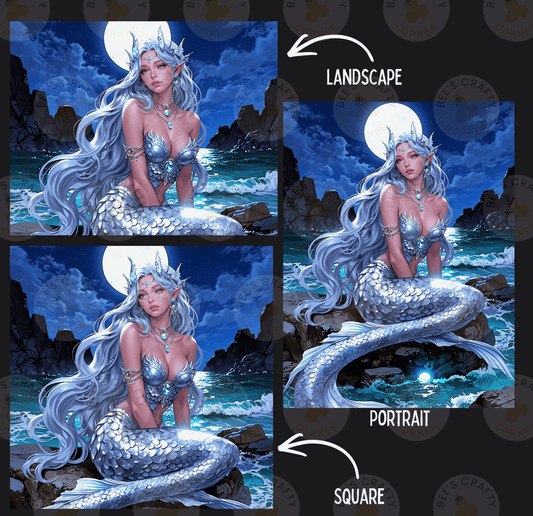 The image is a collage of three pictures depicting a mermaid with long, flowing hair sitting on a rock, surrounded by a night sky with a full moon and a body of water.