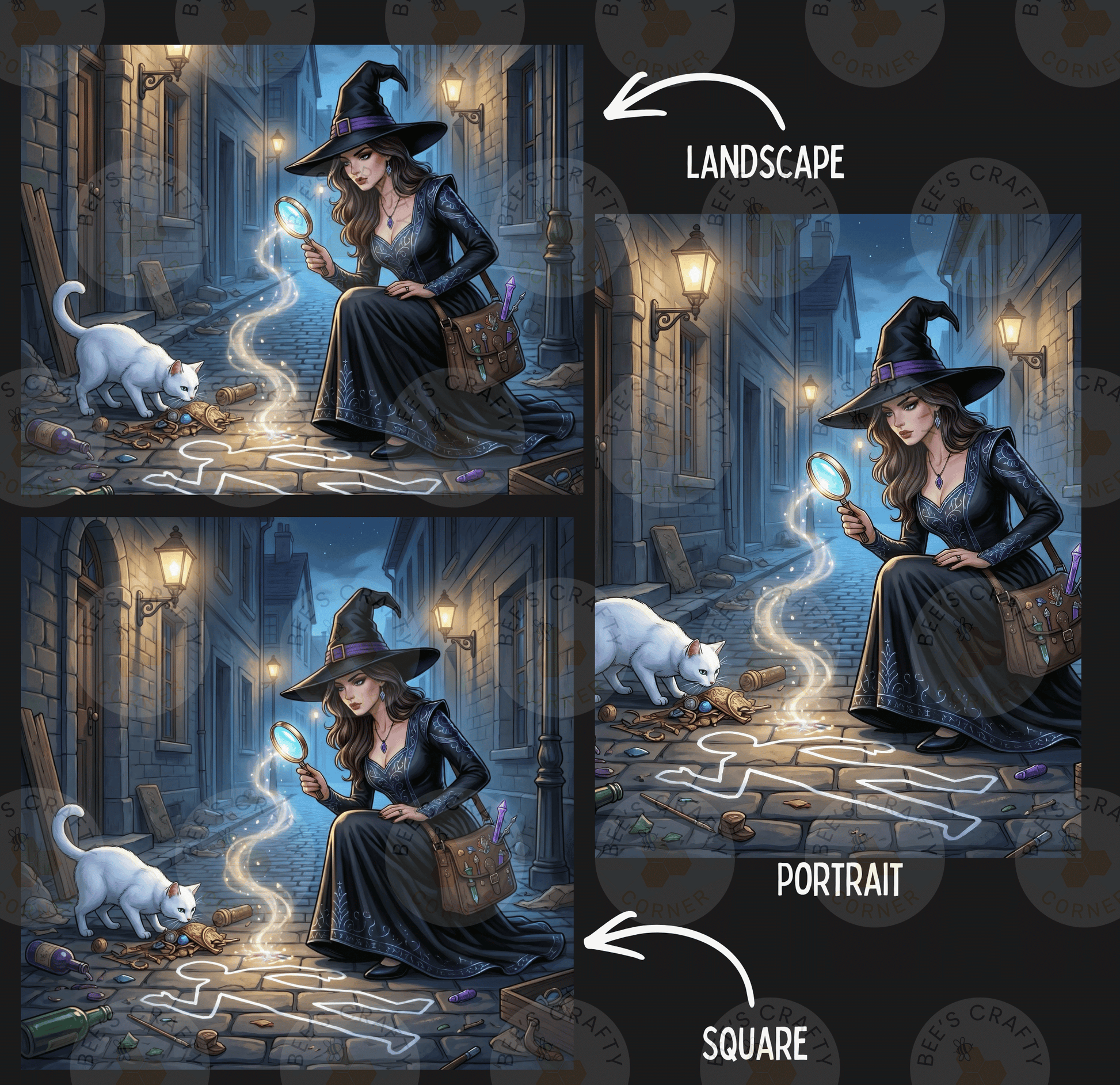 The image is a collage of three pictures depicting a witch in a dark alley, with a cat and a magnifying glass. The first image shows the witch holding a magnifying glass, the second image shows the witch looking at the cat, and the third image shows the witch holding a magnifying glass and looking at the cat. The image is labeled as a landscape, portrait, and square, and the text "LANDSCAPE" is written above the first two images, and "PORTRAIT" is written above the third image.