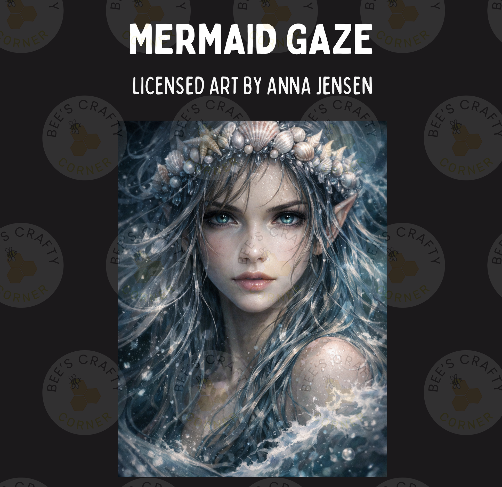 The image is a digital artwork depicting a mermaid with long, flowing hair and a crown of seashells.