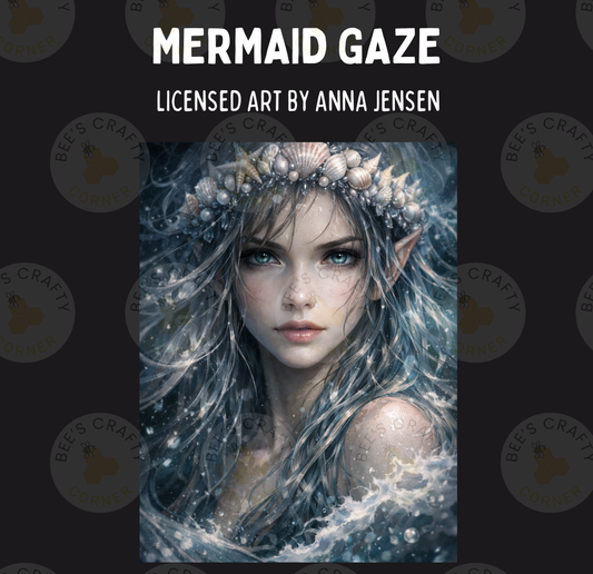 The image is a digital artwork depicting a mermaid with long, flowing hair and a crown of seashells.