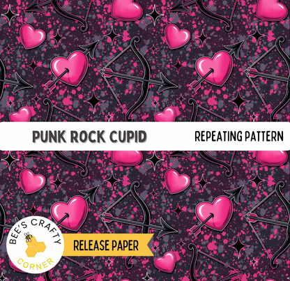 The image is a repeating pattern of pink hearts and black arrows, with the text "PUNK ROCK CUPID" and "REPEATING PATTERN" overlaid on the image.