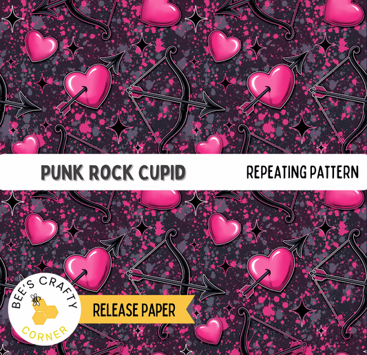 The image is a repeating pattern of pink hearts and black arrows, with the text "PUNK ROCK CUPID" and "REPEATING PATTERN" overlaid on the image.