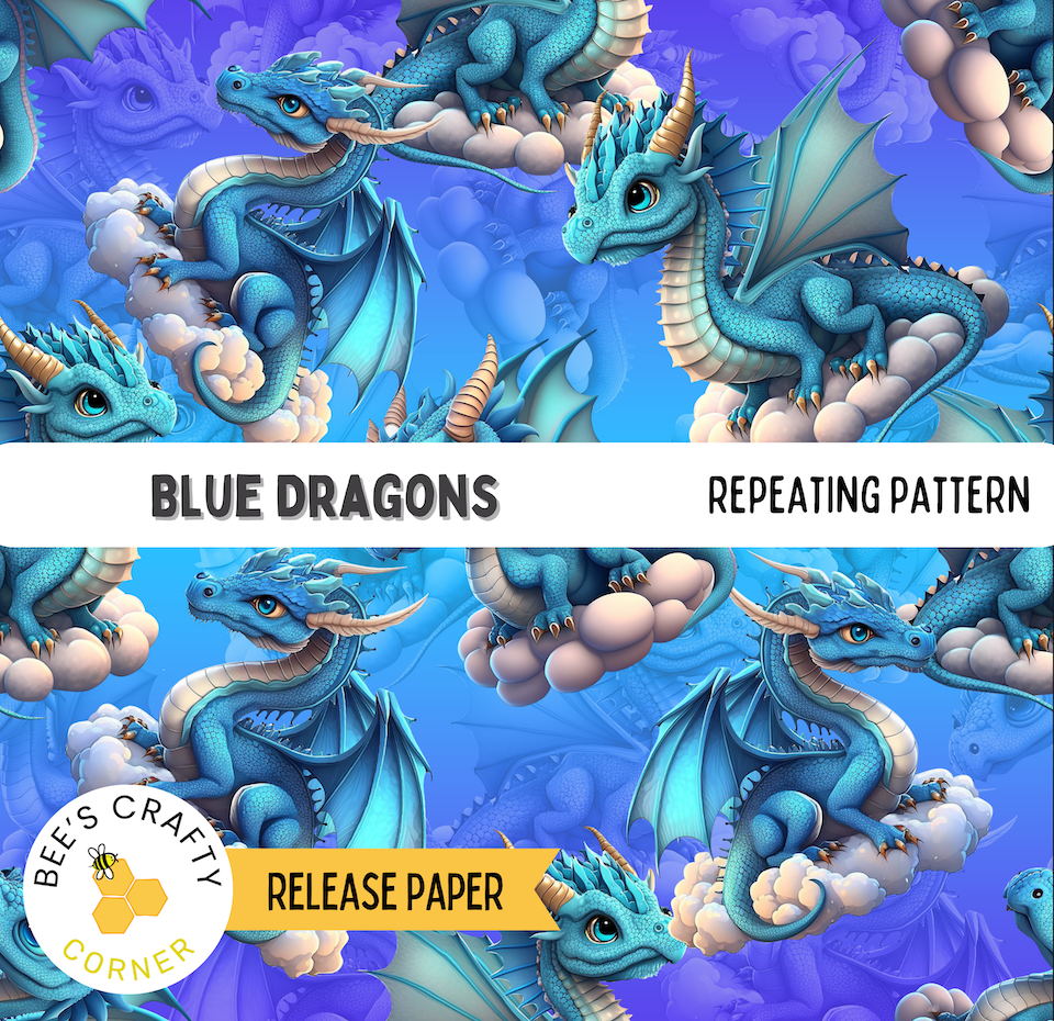 The image is a repeating pattern of blue dragons on clouds, with the text "BLUE DRAGONS" and "REPEATING PATTERN" visible.