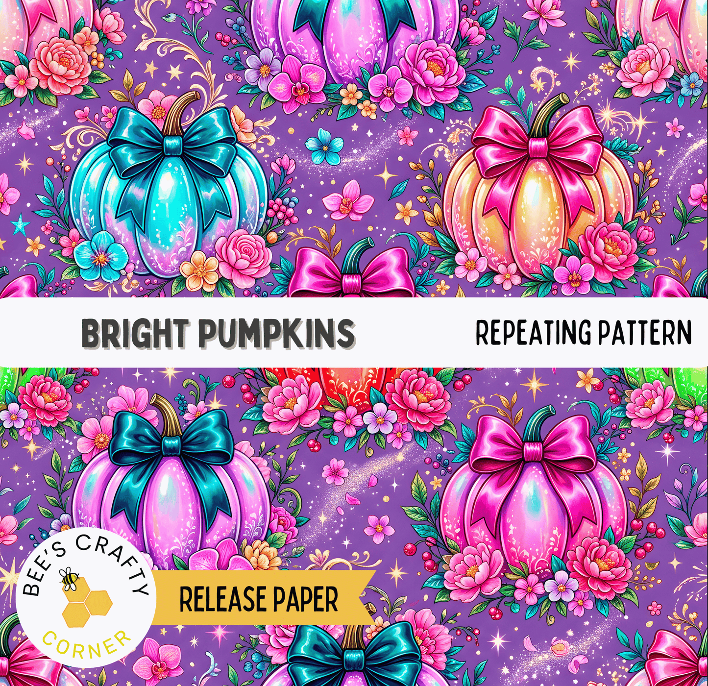 The image is a repeating pattern of bright pumpkins with bows, surrounded by colorful flowers and stars against a purple background.
