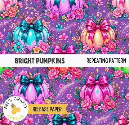 The image is a repeating pattern of bright pumpkins with bows, surrounded by colorful flowers and stars against a purple background.
