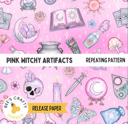 The image is a repeating pattern of various pink-colored objects and symbols, including a crescent moon, crystal, book, rose, candle, and butterfly, along with other mystical and magical elements.