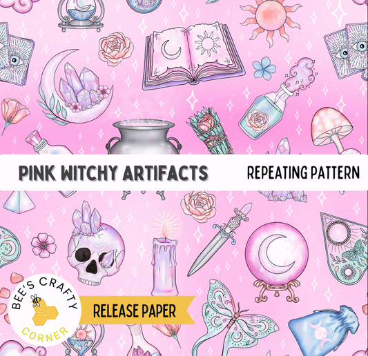 The image is a repeating pattern of various pink-colored objects and symbols, including a crescent moon, crystal, book, rose, candle, and butterfly, along with other mystical and magical elements.
