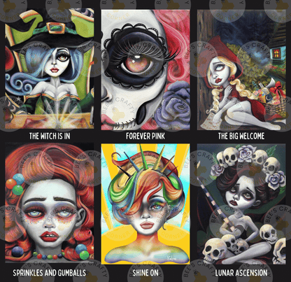 six distinct illustrations, each featuring a different artistic style and subject matter. The illustrations include a witch, a skull, a woman with a red hat, a woman with colorful hair, a woman with a bow, and a woman with a skull and rose headpiece. Each illustration is unique and showcases the artist's creativity and skill in their work.