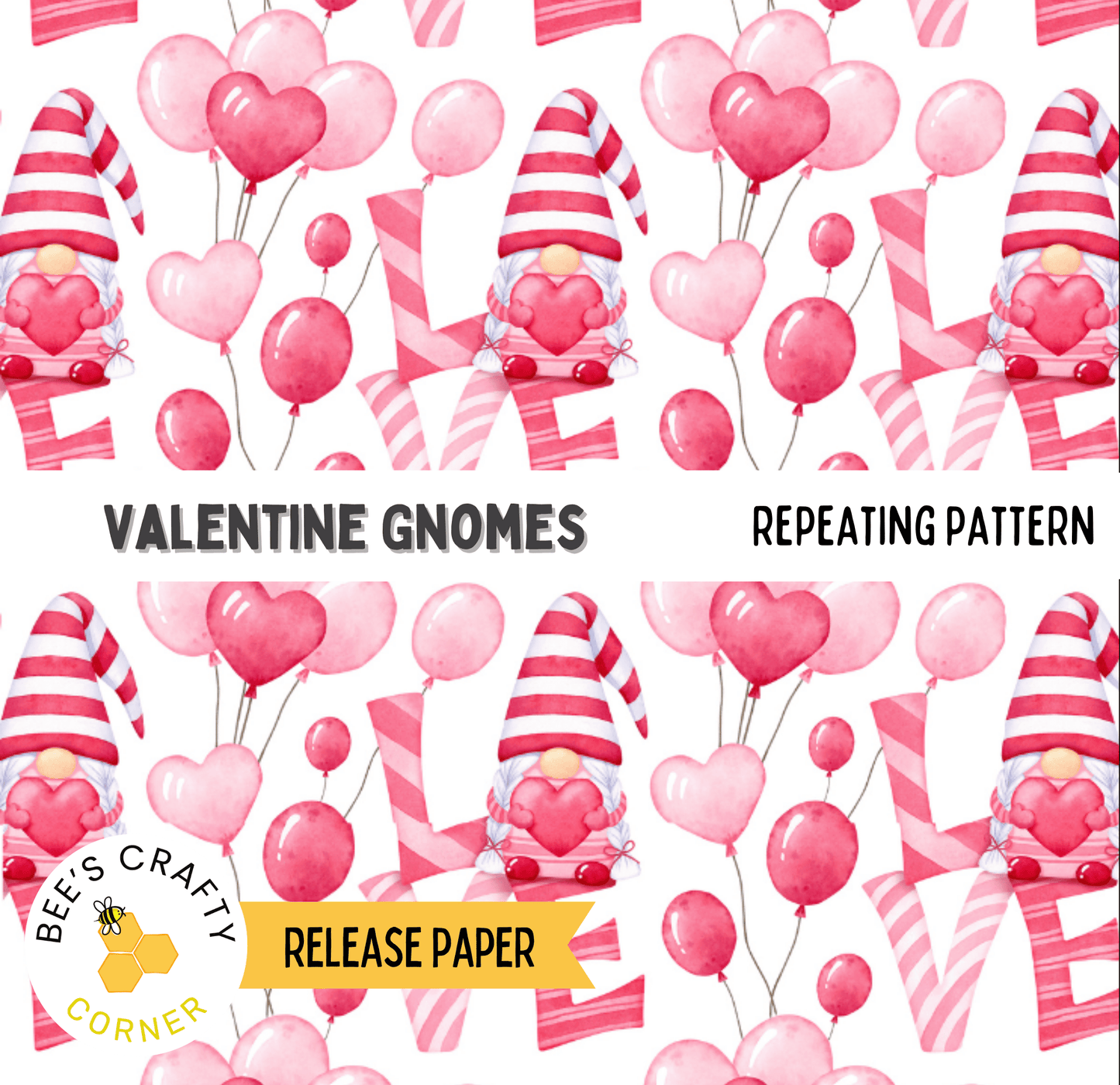 The image is a repeating pattern of Valentine's Day-themed elements, including gnomes, heart-shaped balloons, and striped hats.