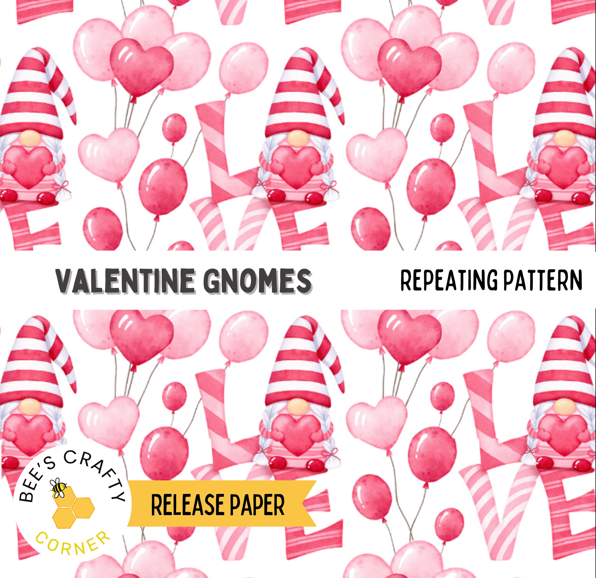 The image is a repeating pattern of Valentine's Day-themed elements, including gnomes, heart-shaped balloons, and striped hats.