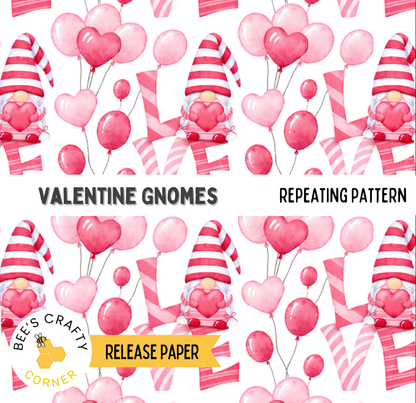 The image is a repeating pattern of Valentine's Day-themed elements, including gnomes, heart-shaped balloons, and striped hats.