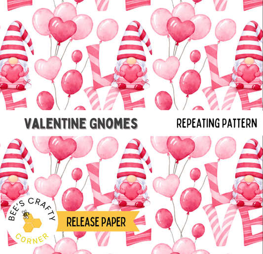 The image is a repeating pattern of Valentine's Day-themed elements, including gnomes, heart-shaped balloons, and striped hats.