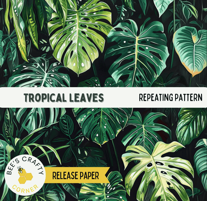 The image is a collage of various tropical leaves, including ferns, palm leaves, and other green foliage, arranged in a repeating pattern.