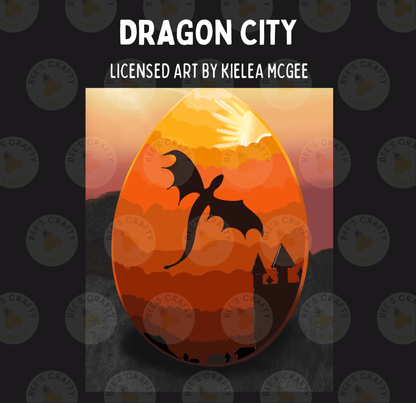 The image is a digital illustration featuring a dragon silhouette against a sunset sky with a castle in the background.