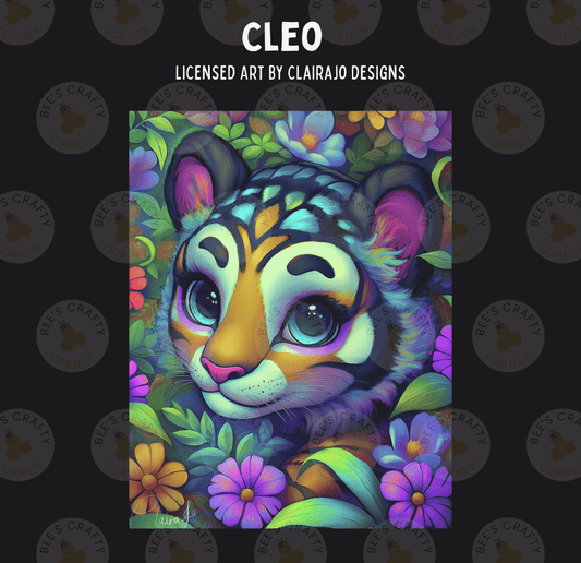 The image is a vibrant and colorful illustration of a tiger's face surrounded by a lush, floral background.