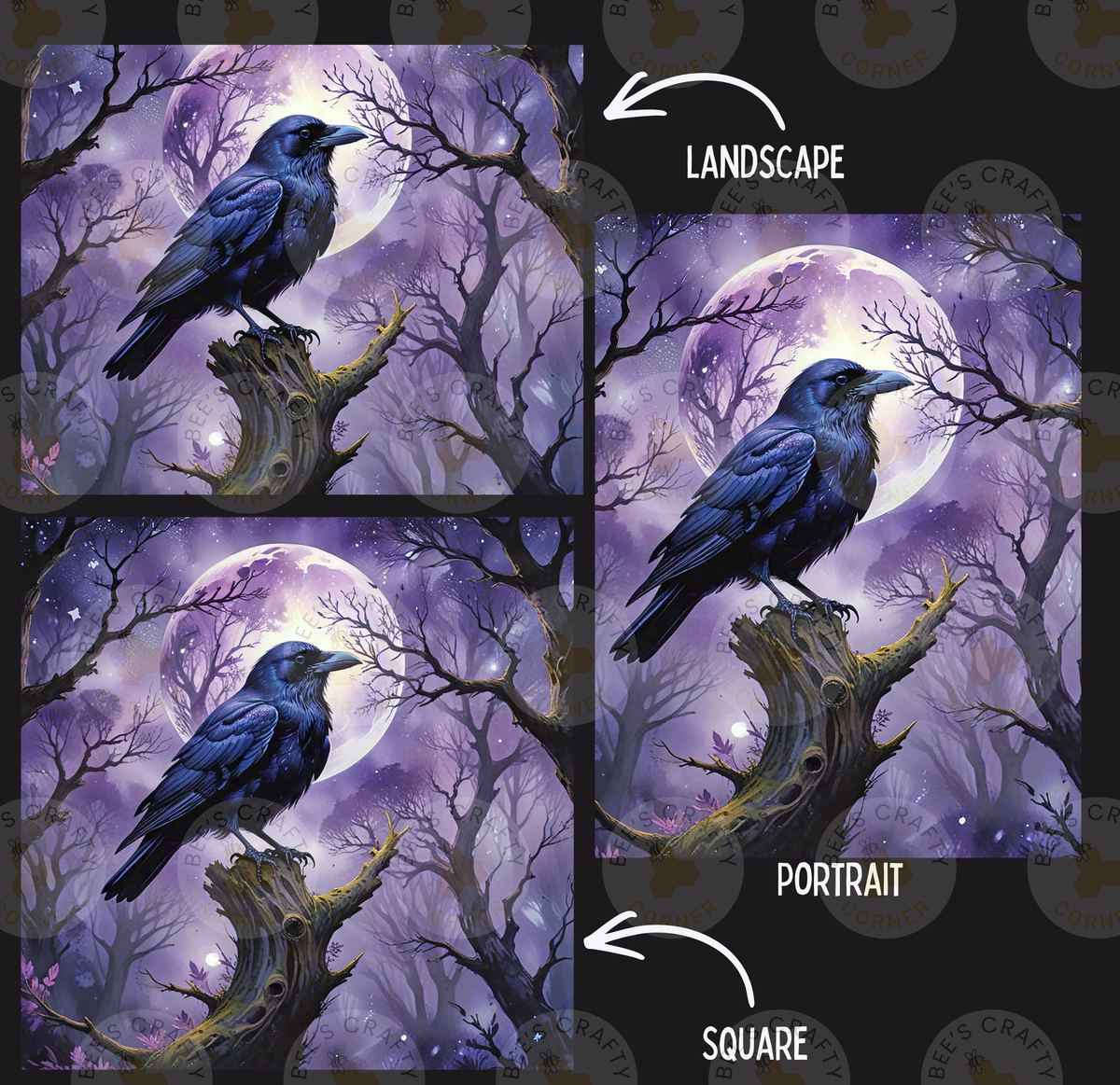 The image is a collage of three pictures depicting a black bird perched on a tree branch against a backdrop of a full moon and a purple sky.