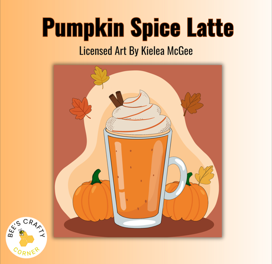 The image is a vibrant illustration of a pumpkin spice latte, featuring a glass of the warm beverage surrounded by two pumpkins and autumn leaves.
