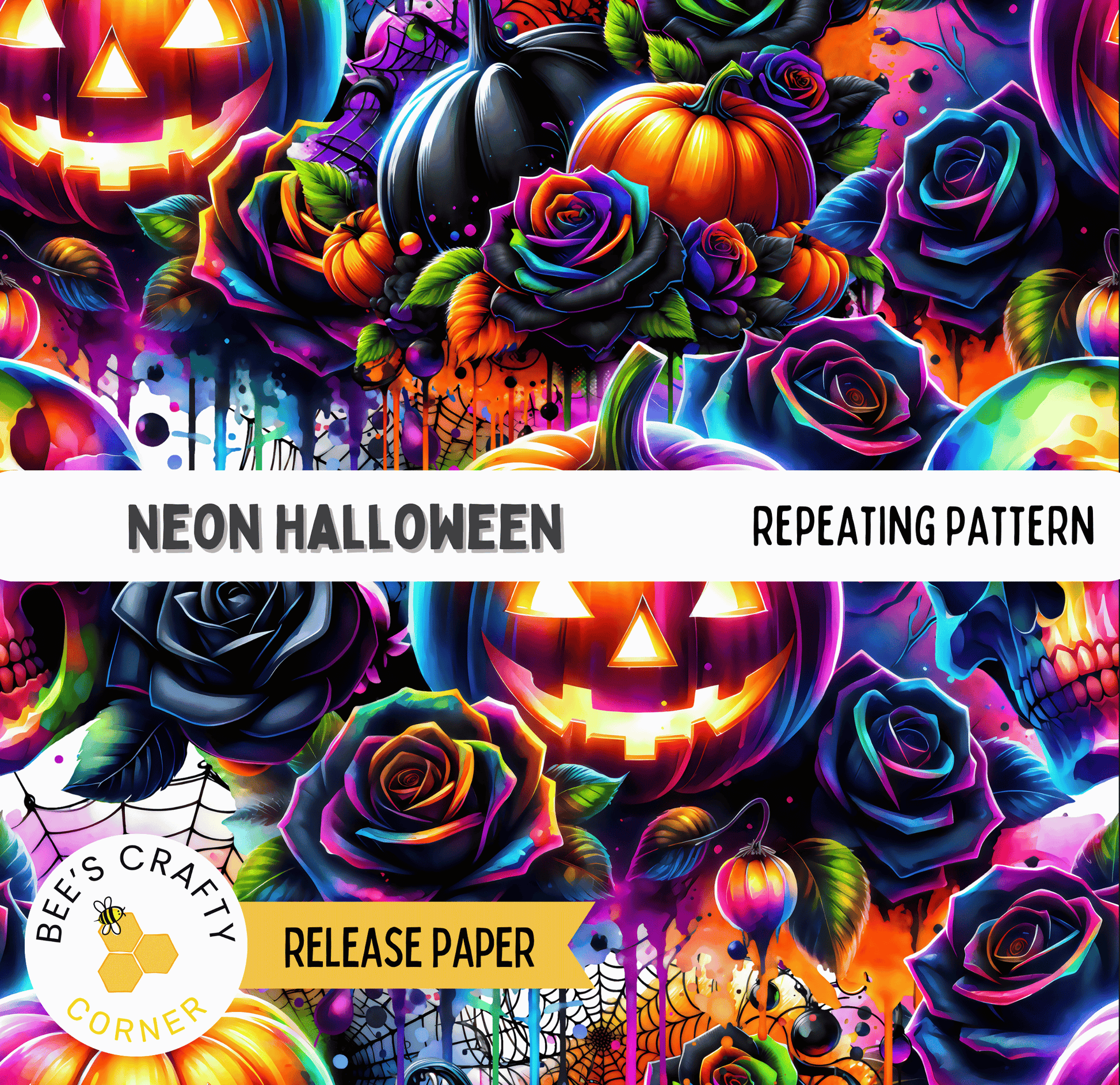 The image is a vibrant and colorful collage featuring various Halloween-themed elements such as pumpkins, roses, skulls, and bats. The overall design is visually striking and festive, with a repeating pattern of these elements throughout the image.