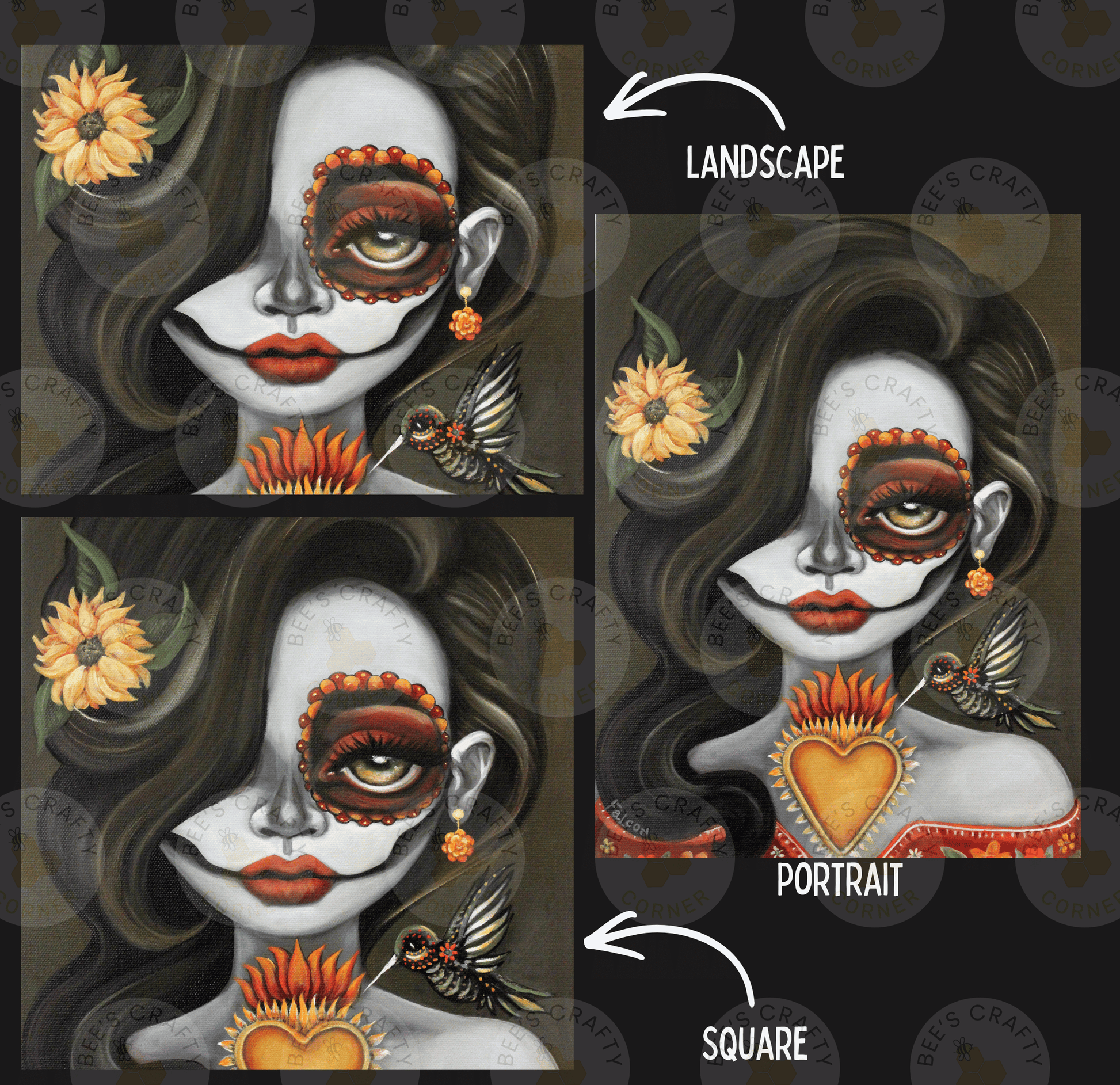 The image is a collage of three images depicting a woman with a skull-like face, floral decorations, and birds. The images are labeled as "Landscape", "Portrait", and " SQUARE".