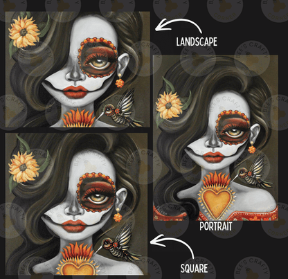 The image is a collage of three images depicting a woman with a skull-like face, floral decorations, and birds. The images are labeled as "Landscape", "Portrait", and " SQUARE".