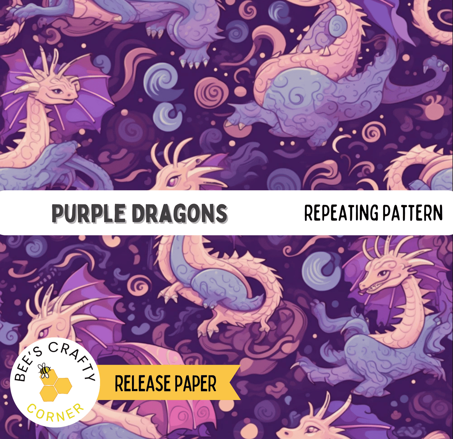 The image is a repeating pattern of purple dragons against a dark purple background.