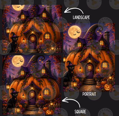 The image is a collage of three pictures depicting a Halloween-themed scene with a large pumpkin house, cats, pumpkins, and lanterns. The first picture is labeled "LANDSCAPE", the second picture is labeled "PORTRAIT", and the third picture is labeled "SQUARE".