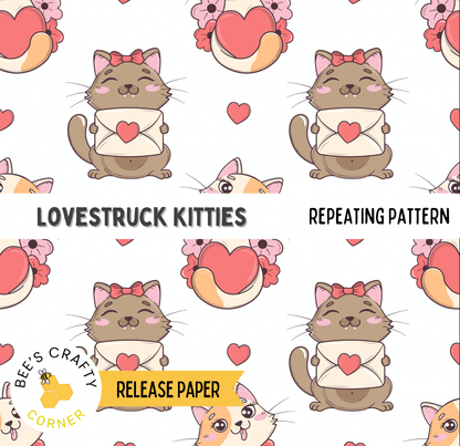 The image is a repeating pattern of cartoon cats holding hearts and envelopes, with the text "LOVESTRUCK KITTIES" and "REPEATING PATTERN" visible.