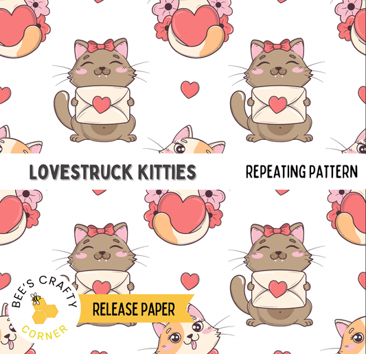 The image is a repeating pattern of cartoon cats holding hearts and envelopes, with the text "LOVESTRUCK KITTIES" and "REPEATING PATTERN" visible.