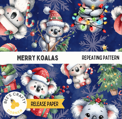 The image is a collage of various Christmas-themed illustrations featuring koalas in festive attire, such as Santa hats and presents.