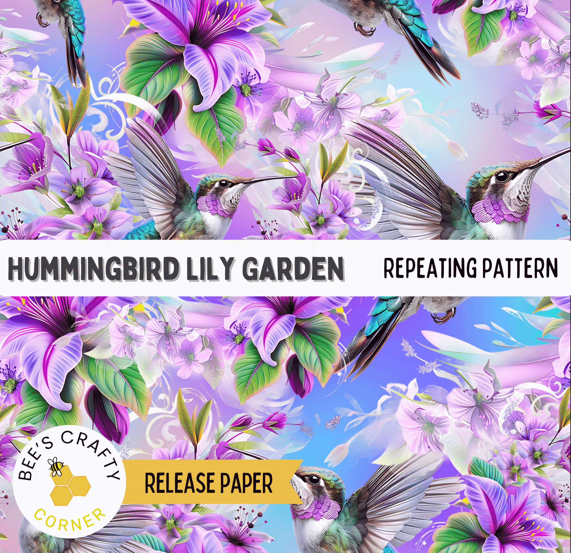 The image is a vibrant and colorful collage featuring hummingbirds surrounded by flowers, including lilies, against a backdrop of a blue sky with fluffy clouds.