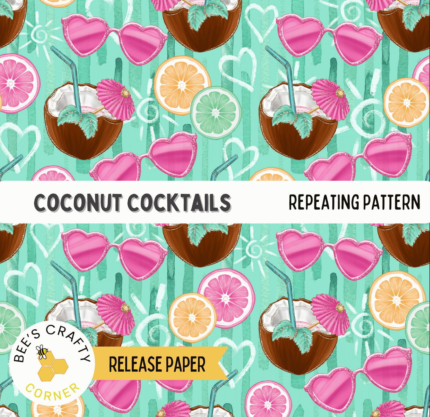 The image is a repeating pattern of various tropical fruits and drinks, including coconut, orange, and heart-shaped objects, all set against a teal background.