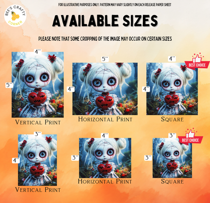 The image is a collage of six images featuring a creepy doll with a red heart. The doll has a white face, red hair, and a red heart around its neck. The doll is shown in different sizes, including a 4-inch, 5-inch, 4-inch, 4-inch, 4-inch, and 4-inch version. The doll is also shown in vertical and horizontal prints, as well as a square print. The images are arranged in a grid format, with each image being a different size.