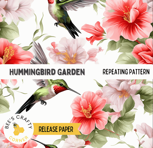 The image is a repeating pattern of a hummingbird hovering over pink and red flowers, with the text "HUMMINGBIRD GARDEN" and "REPEATING PATTERN" visible.