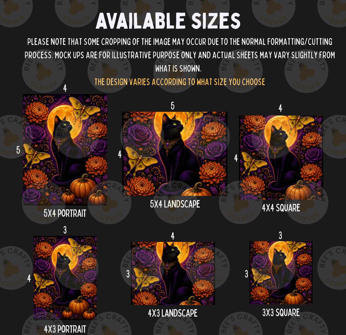 a collage of six different images, each depicting a black cat surrounded by various autumn-themed elements such as pumpkins, flowers, and a full moon. The images vary in size, ranging from 5x4 to 5x3, and are arranged in a grid format. The text indicates that some cropping may occur due to the normal formatting/cutting process, and that mock-ups are available for illustrative purposes only and actual sheets may vary slightly from what is shown.