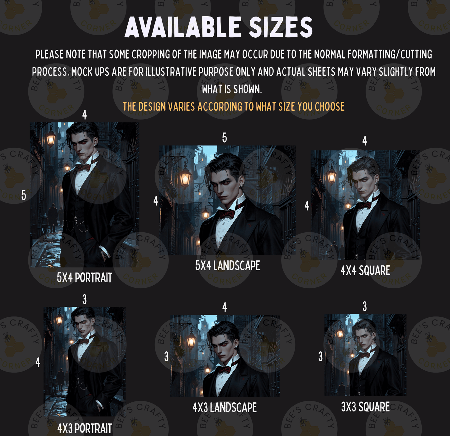 a series of six different portrait sizes, ranging from 5x4 to 5x3, with corresponding descriptions. The sizes are labeled from 5x4 to 5x3, and the descriptions include phrases like "The design varies according to what size you choose" and "The design varies according to what size you choose".