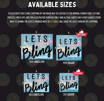 four different sizes of the same design, with the text "Lets Bling" displayed prominently. The sizes are 5x4, 4x4, 3x3, and 3x3, and each size has a different background color. The text "BEST CHOICE" is also visible, indicating that the sizes are the best option.