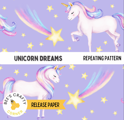 The image is a collage of two unicorn illustrations, each with a flowing mane and tail, set against a starry purple background. The text "UNICORN DREAMS" is displayed prominently in the center, and "REPEATING PATTERN" is written below it. The release paper is indicated as "RELEASE PAPER" at the bottom of the image.