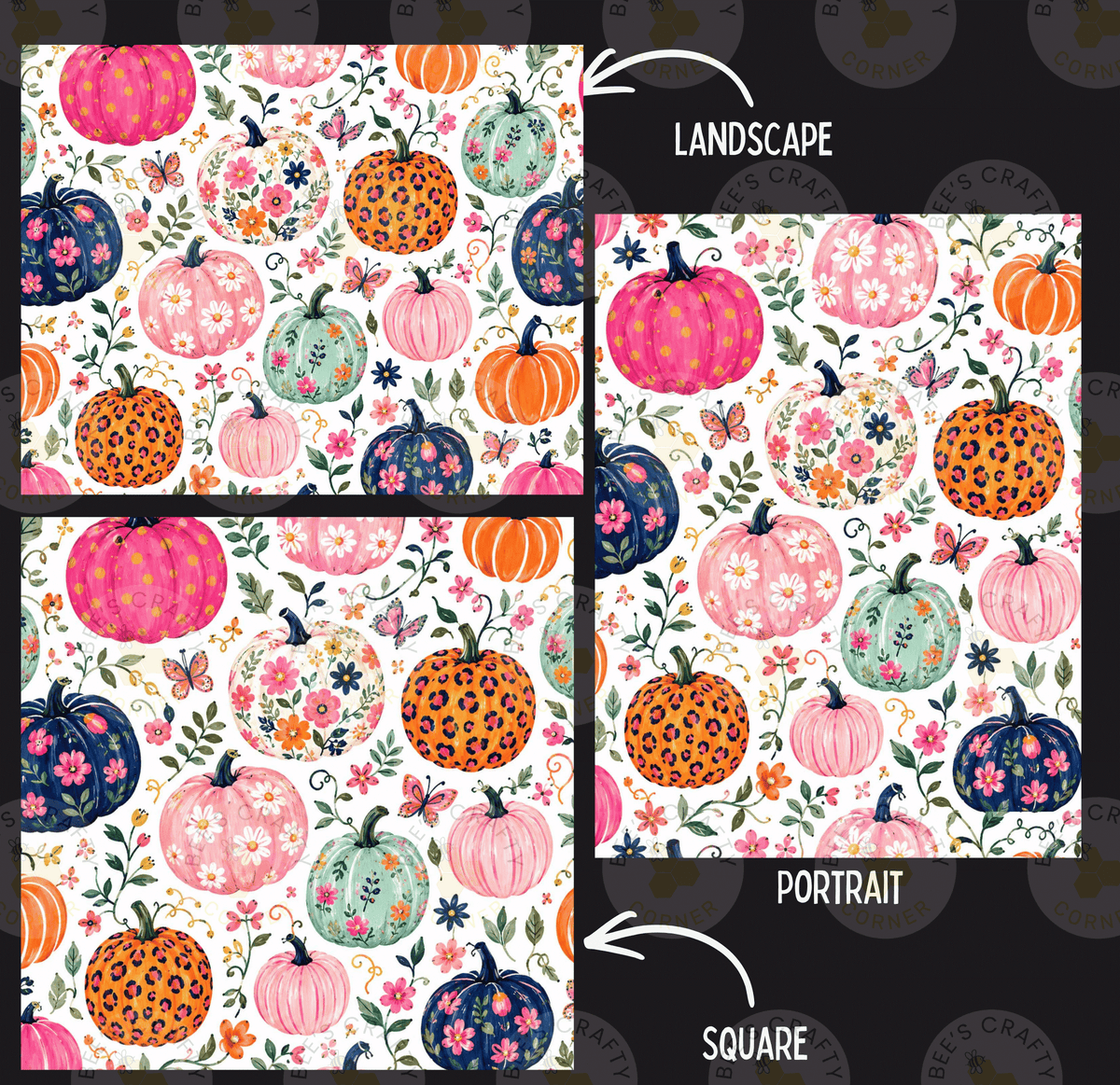a collage of three pictures featuring a variety of pumpkins and floral elements. The first picture is a landscape, the second is a portrait, and the third is a square. Each picture has a different arrangement of pumpkins and flowers, showcasing the versatility of the design.