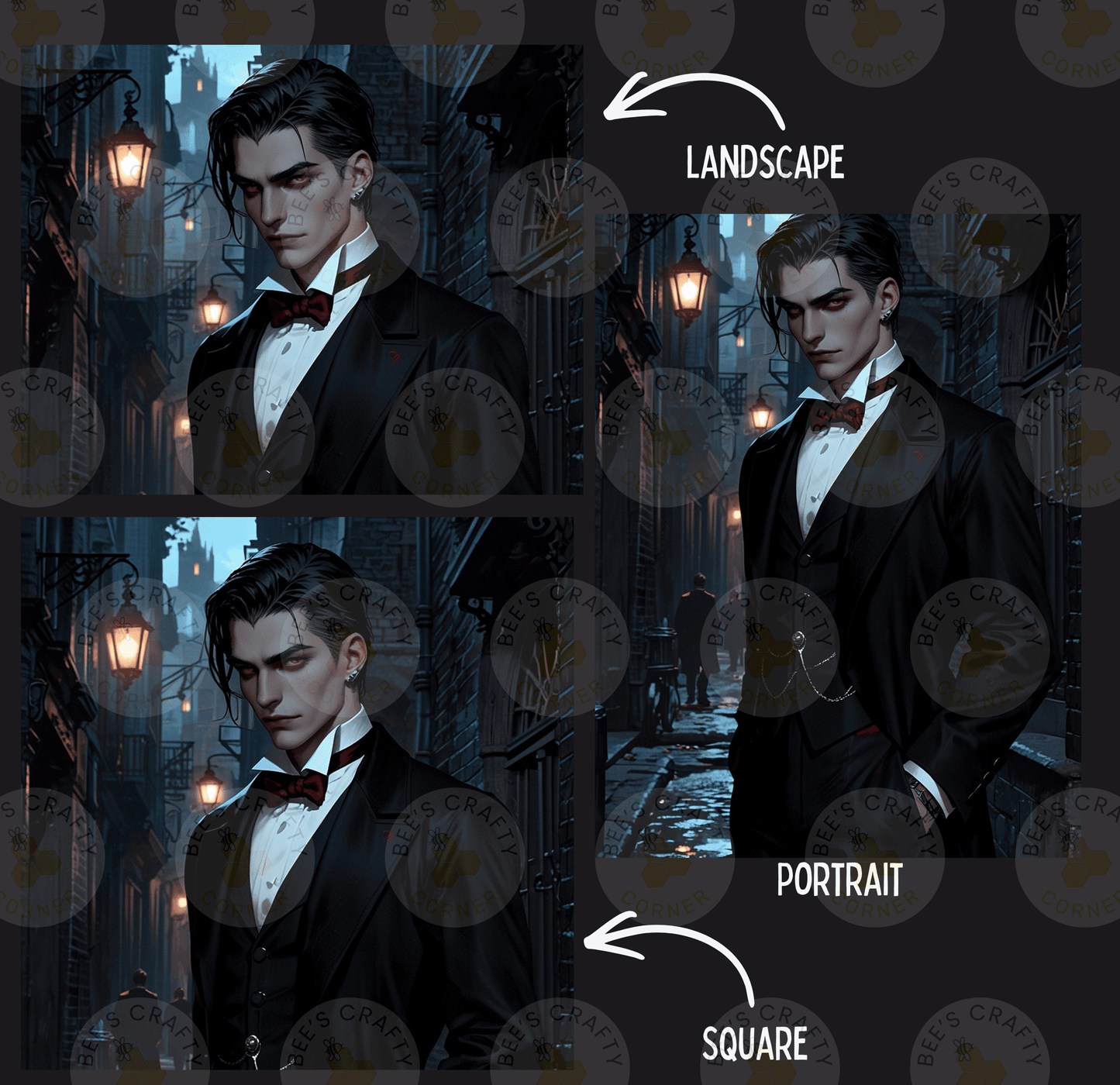 The image is a collage of three images depicting a man in a tuxedo, with the man's portrait and landscape scenes.