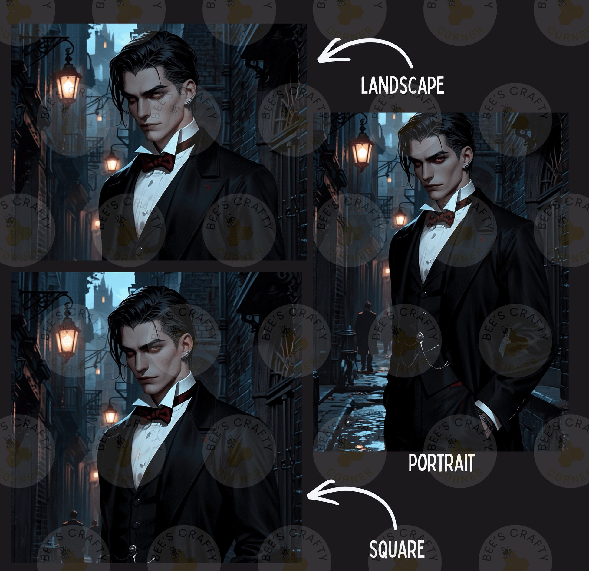 The image is a collage of three images depicting a man in a tuxedo, with the man's portrait and landscape scenes.