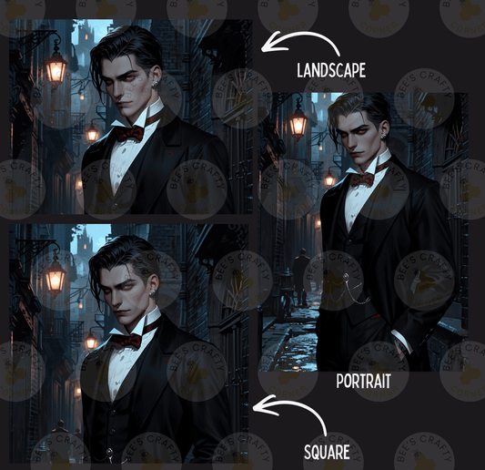 The image is a collage of three images depicting a man in a tuxedo, with the man's portrait and landscape scenes.