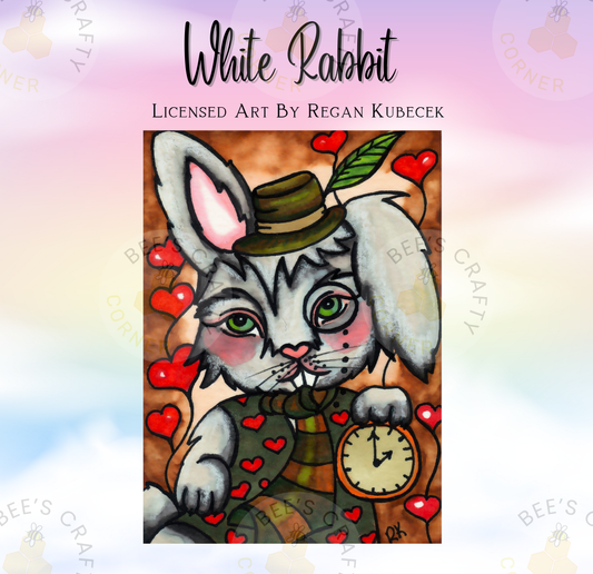 The image is a colorful illustration of a rabbit wearing a hat and holding a clock, surrounded by hearts.