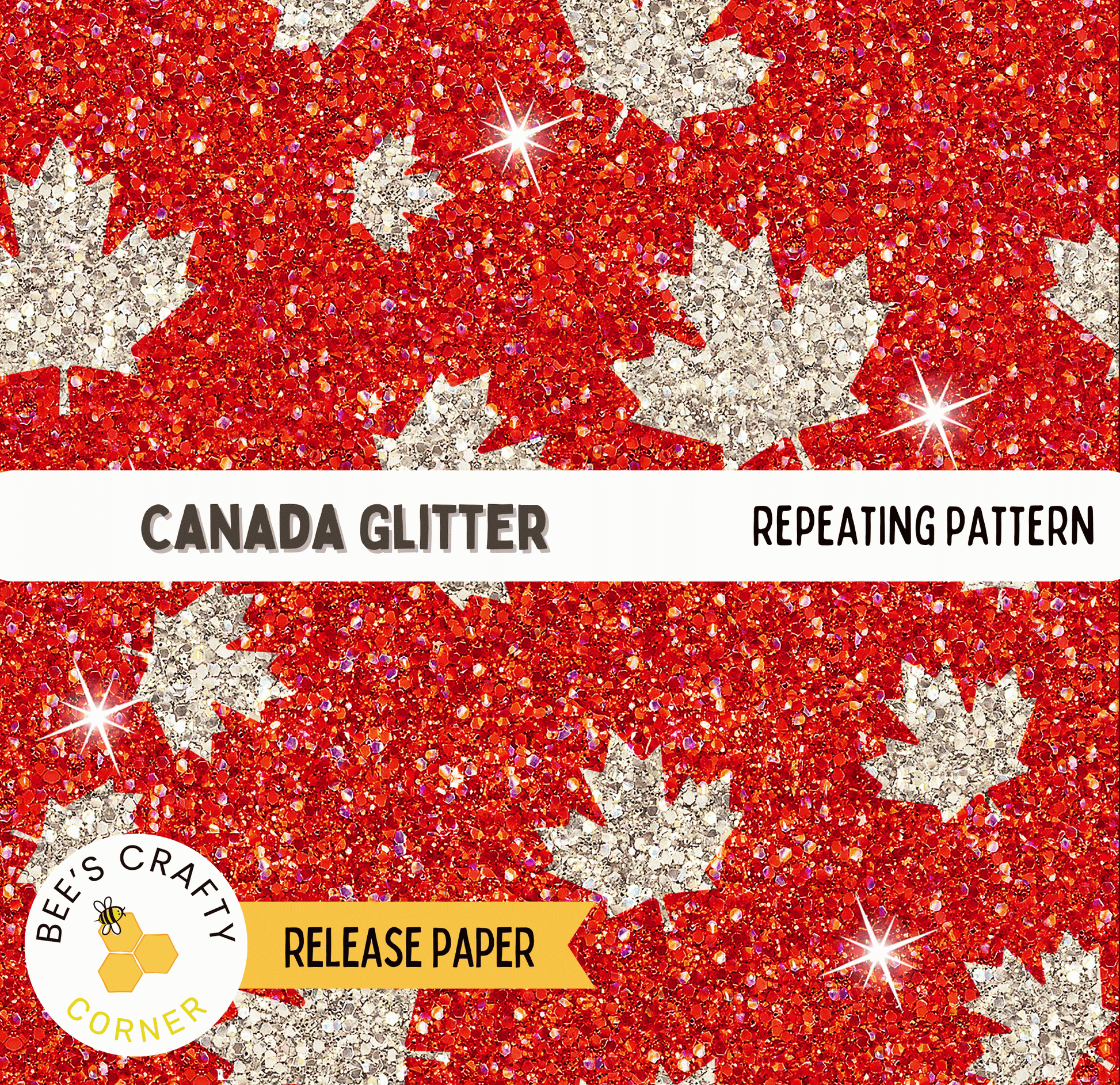 The image is a collage of various images featuring a repeating pattern of red glitter leaves and silver glitter leaves.