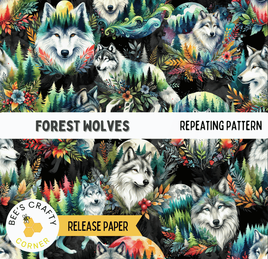 The image is a repeating pattern featuring a forest scene with multiple wolves in various poses and expressions, surrounded by colorful foliage and flowers.