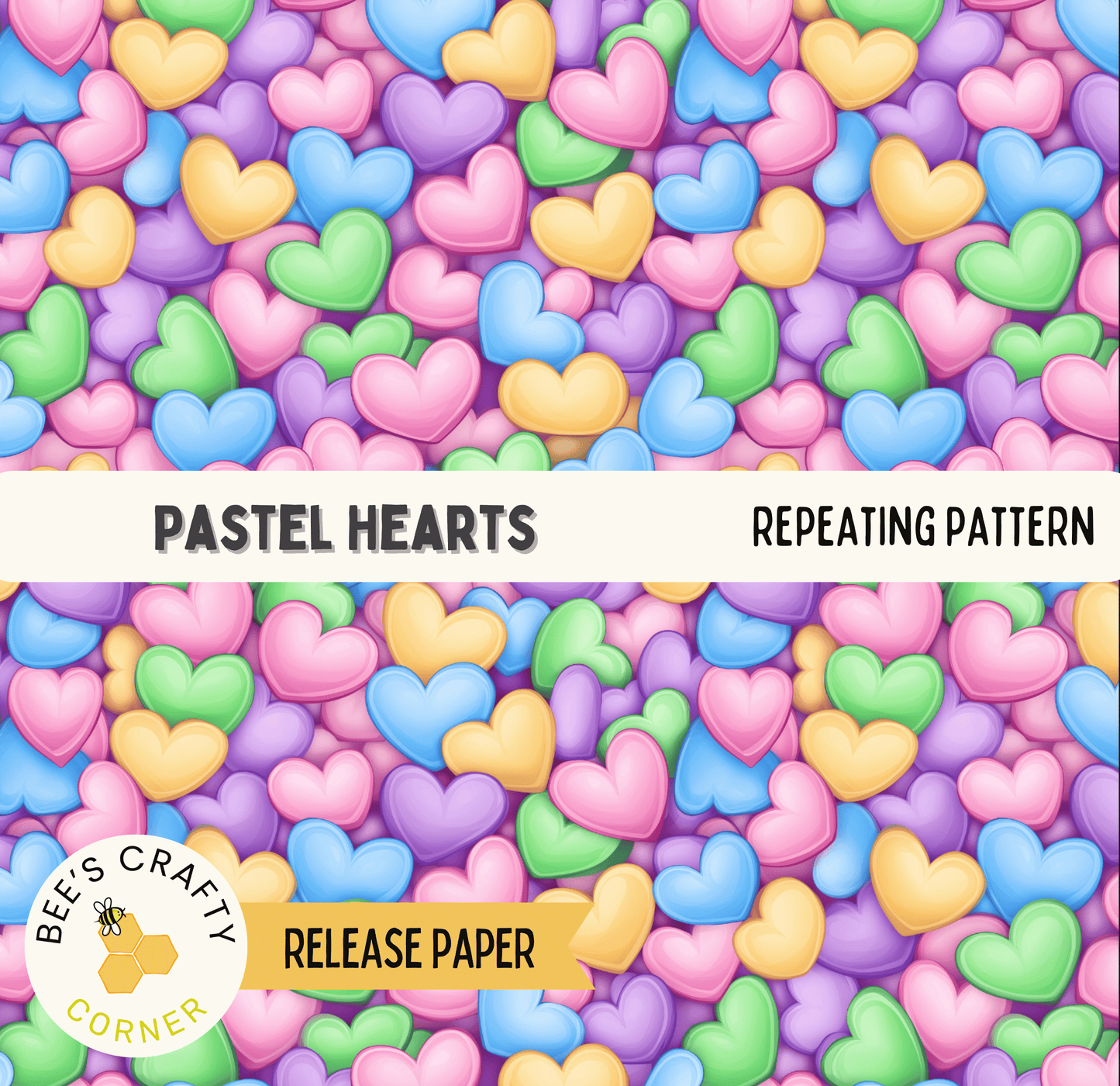 The image is a repeating pattern of pastel-colored hearts, with a variety of colors including pink, blue, green, and yellow. The pattern is visually appealing and creates a sense of harmony and balance.