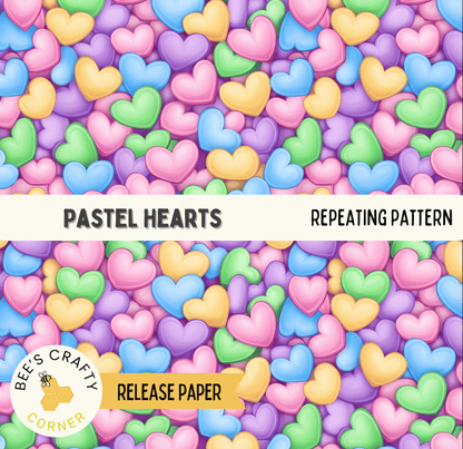 The image is a repeating pattern of pastel-colored hearts, with a variety of colors including pink, blue, green, and yellow. The pattern is visually appealing and creates a sense of harmony and balance.