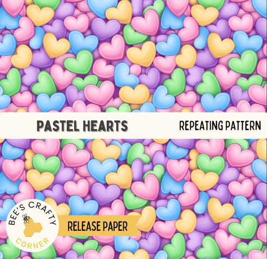 The image is a repeating pattern of pastel-colored hearts, with a variety of colors including pink, blue, green, and yellow. The pattern is visually appealing and creates a sense of harmony and balance.