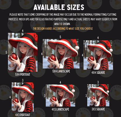 The image is a collage of six images featuring a young woman in a red and black striped outfit, holding a red ornament. The images vary in size, with some being larger and others smaller, and are arranged in a grid format. The collage includes a 5x4 portrait, a 5x4 landscape, a 4x3 square, a 3x3 portrait, and a 3x3 landscape. The collage does not provide any additional information beyond the different sizes of the images.