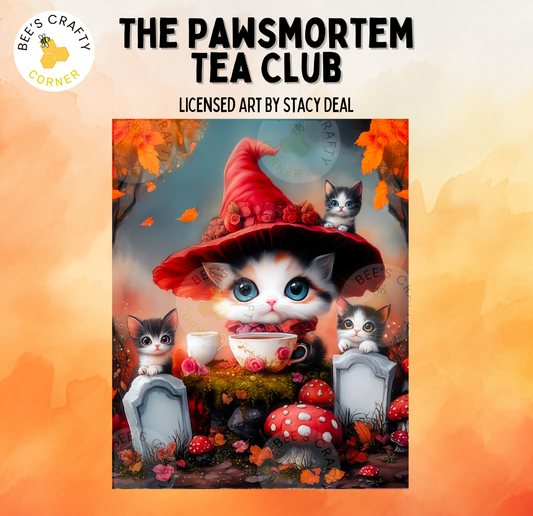 The image is a whimsical painting depicting a group of cats in a fantastical setting, including a witch wearing a red hat and surrounded by mushrooms, leaves, and other natural elements.