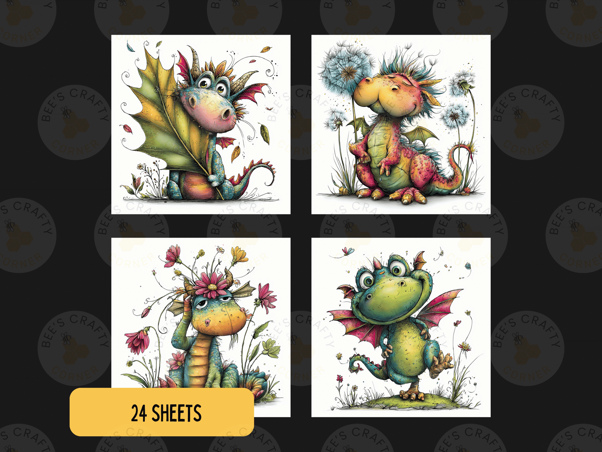 four colorful illustrations of whimsical, fantastical creatures, including dragons, fairies, and other mythical beings, set against a backdrop of flowers and foliage.